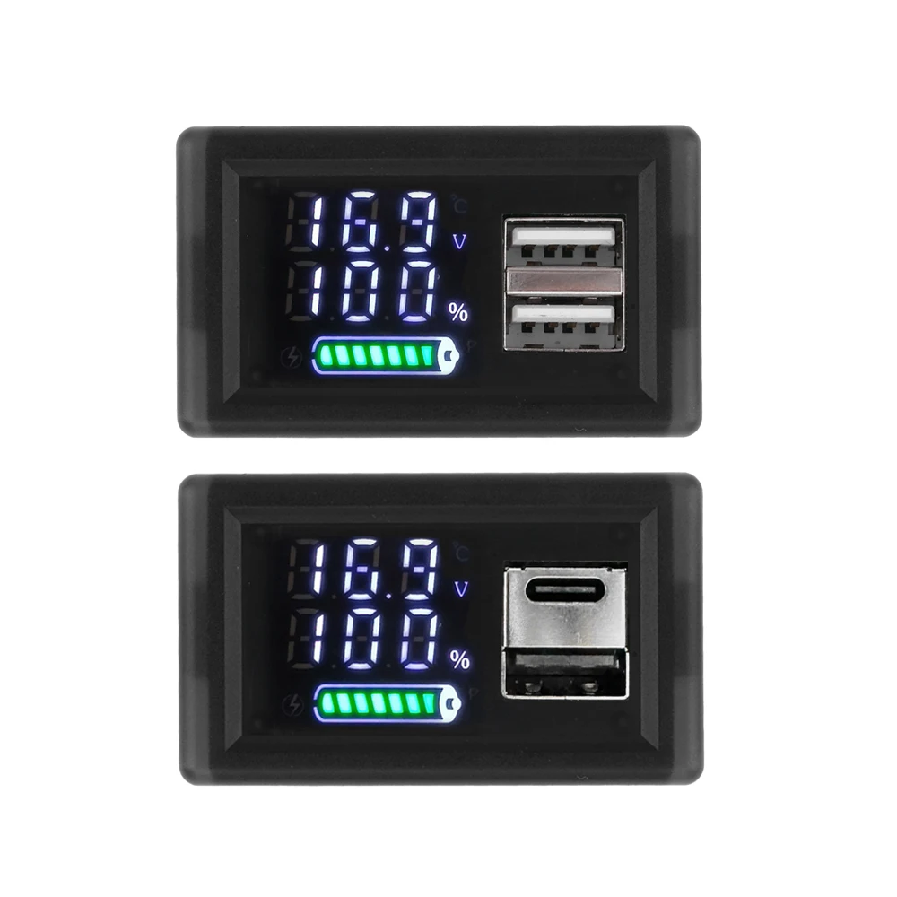 Type-C Dual USB Car Voltmeter Voltage Meter Panel 9V 12V 24V Lithium Battery Capacity Indicator Power Tester