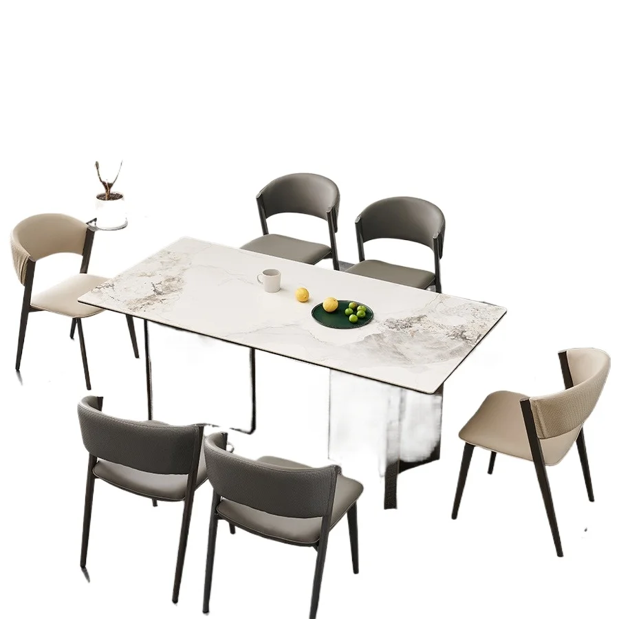 

Italian minimalist light luxury rock slab dining table bright stainless steel modern minimalist designer high-end rectangular