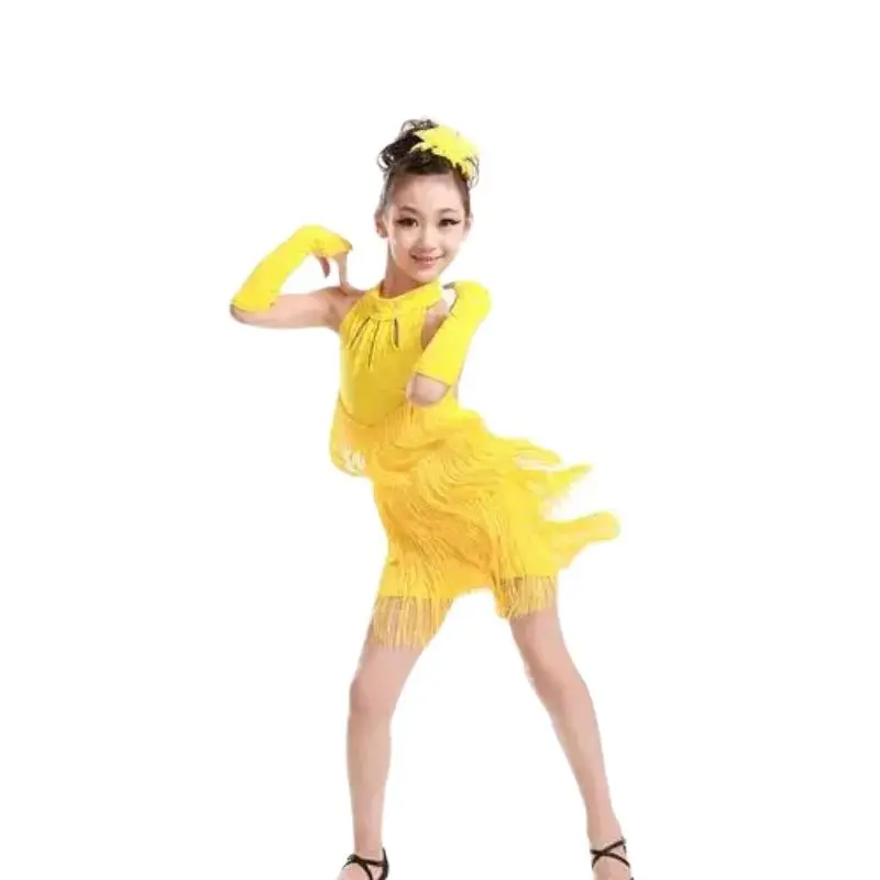 1 teile/los Kind Mädchen Quaste Kleid Ballsaal Latin Salsa Dancewear Dance Kostüm candy farbe feste latin kleid