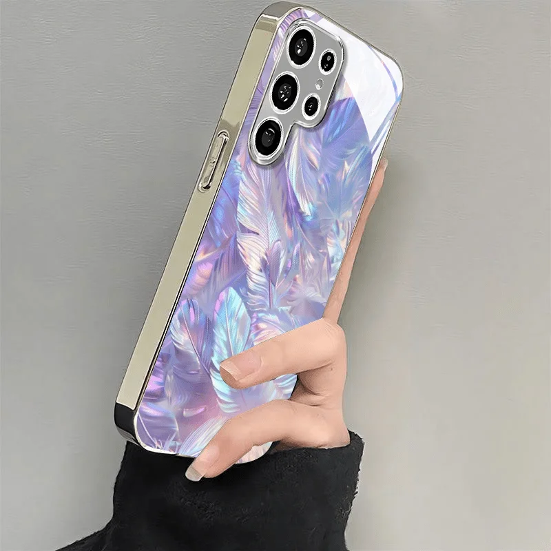 Gorgeous Fluorescent Purple Feather Pattern Electroplated Glass Phone Case for Samsung Galaxy S26 S25 S24 S23 S22 S21 Ultra FE