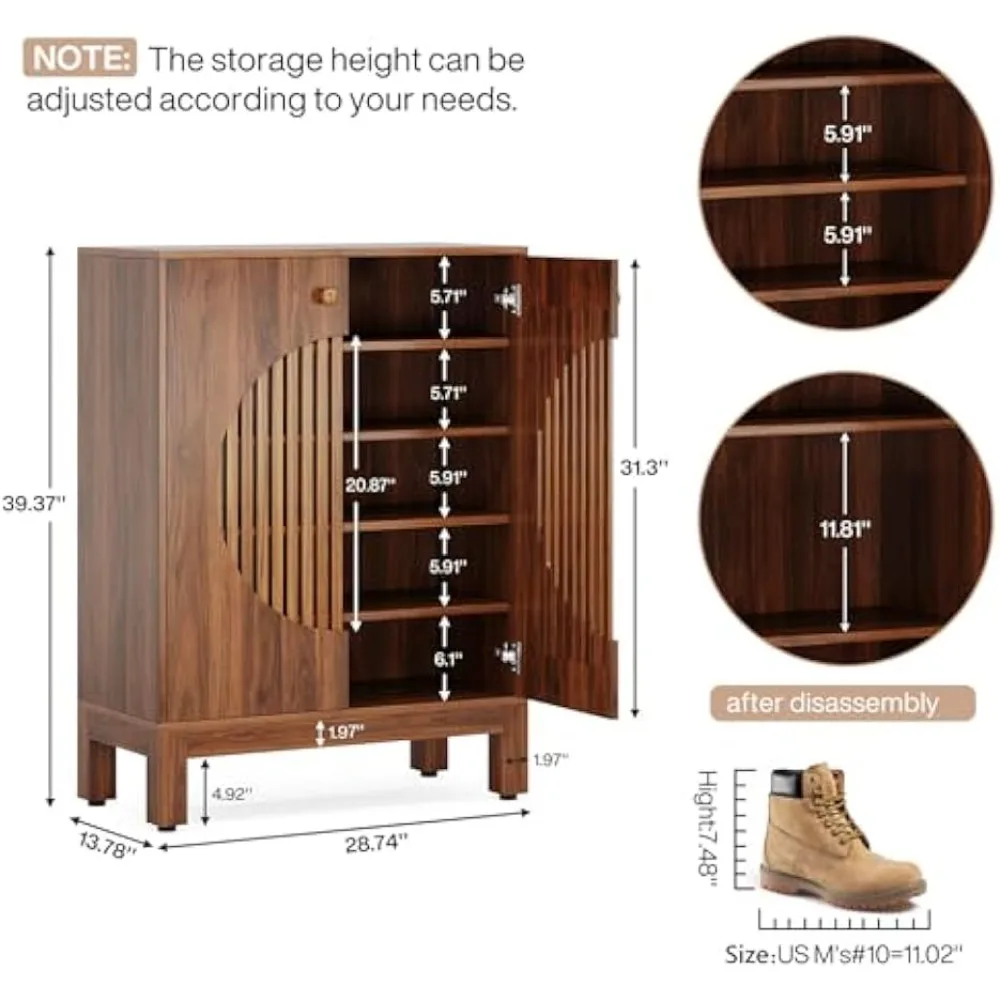 5-Tier Shoe Cabinet with Round Louvered Doors, 20 Pairs Farmhouse Shoe Storage Cabinet with Adjustable Shelves, Freestanding