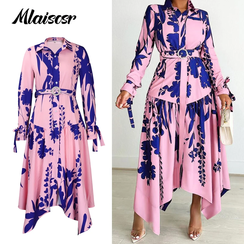 Eleganckie sukienki plażowe w stylu boho z nadrukiem Mlaiscsr z paskiem, damskie afrykańskie jesienne sukienki z kołnierzykiem, długim rękawem i asymetrycznym dołem, idealne na urodziny.