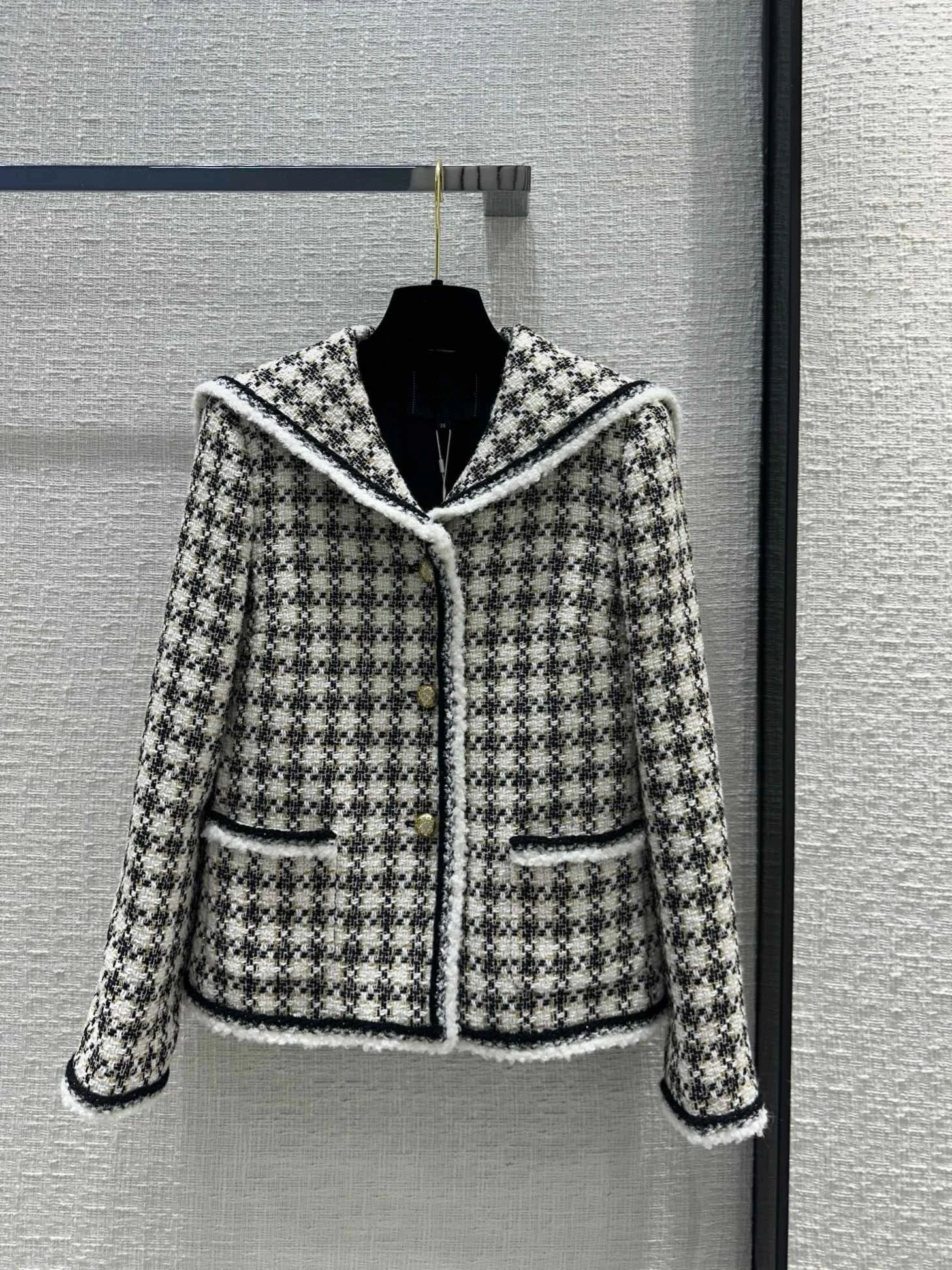 Girl's Navy Collar Coat, Age Reducing Academy Style, Black, Gold and White Plaid, Elegant Top, Autumn and Winter, New Product