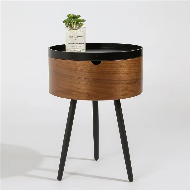 Modern minimalist bedside table, locker, walnut round side table