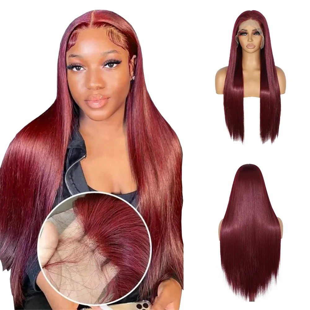 

13×4 Lace Front Wig Burgundy Long Straight Natural Looking Soft Heat Resistant Synthetic Wig For Women Daily Wear Glueless