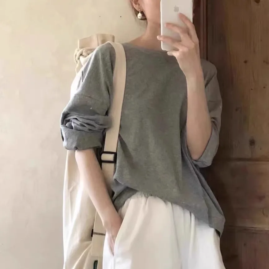 

Легкая дышащая хлопково-льняная футболка Long Sve, свободный крой, повседневный топ с защитой от ультрафиолета, круглый топ для женщин