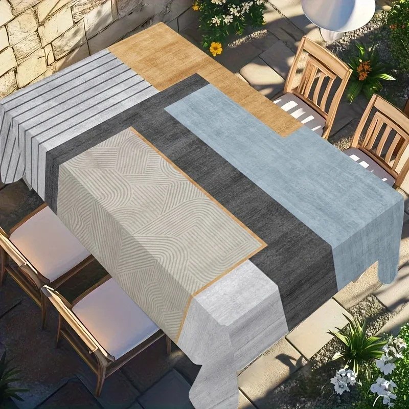 One rectangular tablecloth, with Bauhaus theme and abstract geometric pattern, creating a vibrant dining table setting.xzj
