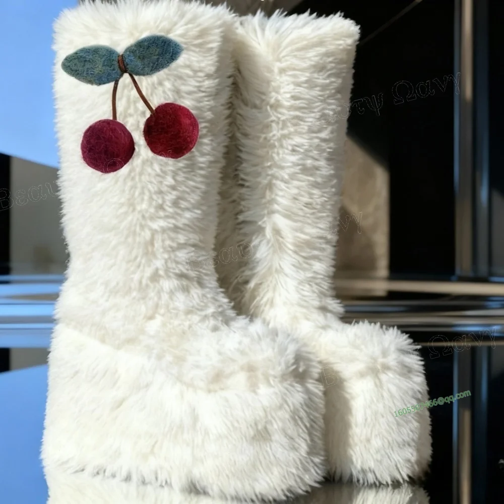 

White Fur Boots Cherry Decor Platform Wedges High Heel Round Toe High Shoes for Women High Heels Shoes Zapatos Para Mujere