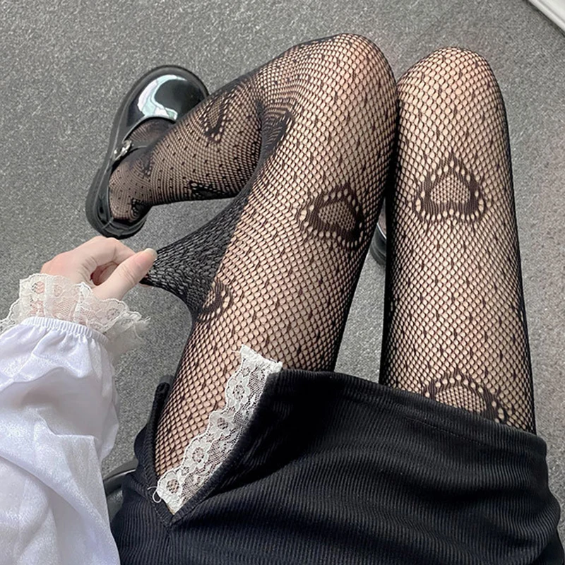 

Japanese Heart Flower Mesh Girls Lolita Tights Stockings Black Fishnet Women Pantyhose Stockings Summer Women Legging Stockings