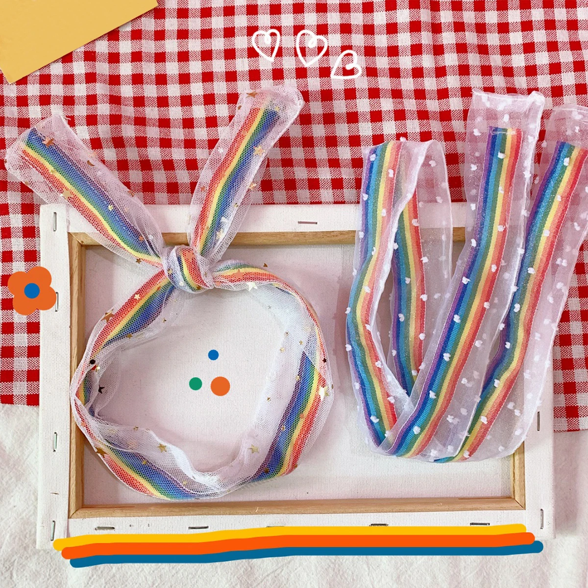 

2pcs Rainbow Mesh Lace Hairband Star Dots Hair Clasp Colorful Non-Fading Headband For Women Durable Hair Accessory