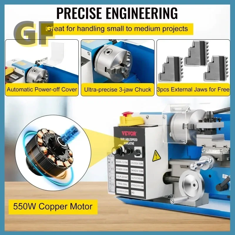 Mini Metal Lathe Machine 7"x14" Benchtop Digital Display 550W Variable Speed with 3-jaw Chuck for Metal Turning Threading