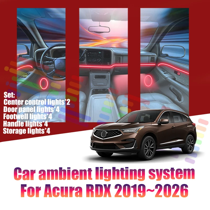 Luces LED Ambientales para Acura RDX 2019~2026 TC1 2 MK3, Luces de Atmósfera Coloridas, Tira de Neón Interior para Auto, Iluminación RGB de 64 Colores