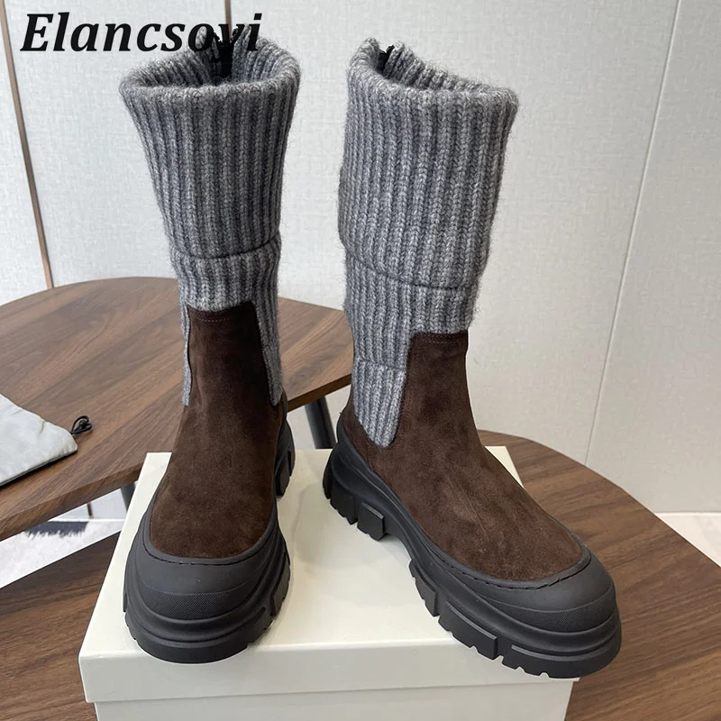 Knitted Elastic Thick Bottom Riding Boots Women Round Toe Back Zipper Mid Calf Boots Winter British Style Short Botas 2025