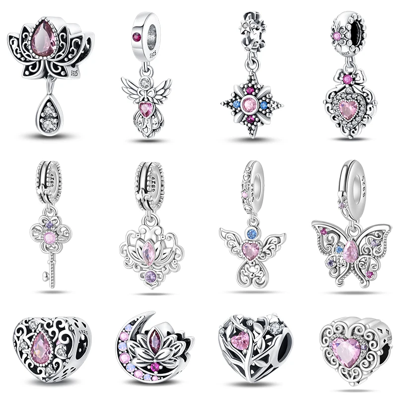 925 Sterling Silver Classic Purple Retro Heart Shape Lotus Angel Pattern Charms Beads Fit Pandora Original Bracelets DIY Jewelry