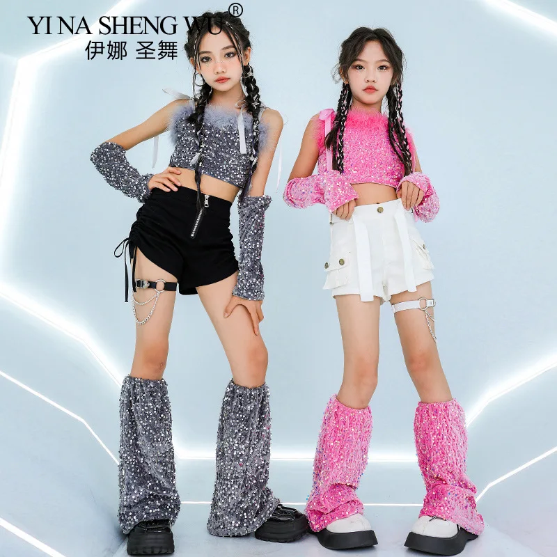 Costume da jazz con paillettes rosa Vestito da palcoscenico per ragazze Hip Hop Pantaloncini bianchi neri Kpop Kid Glitter Abiti di moda Vestito da spettacolo di danza