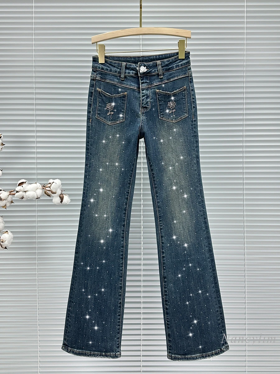 

Fashion European Street Hot Diamond Jeans Women's Horn Trousers 2024 New Autumn High Waist All-Match Micro-pull Blue Denim Pants