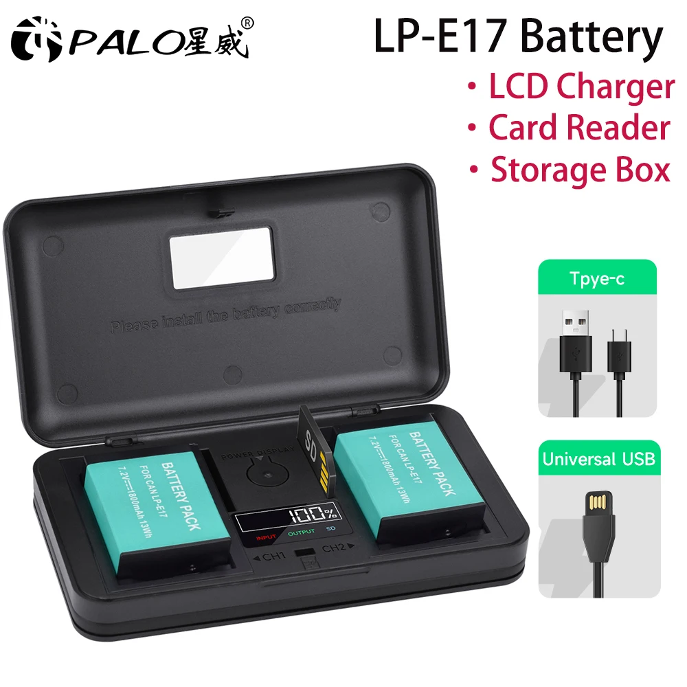 PALO LP-E17 LPE17 LP E17 Battery for Canon EOS 200D M3 M5 M6 750D 760D T6i T6s 800D RP Kiss X8i SL2 with USB LCD Charger Case