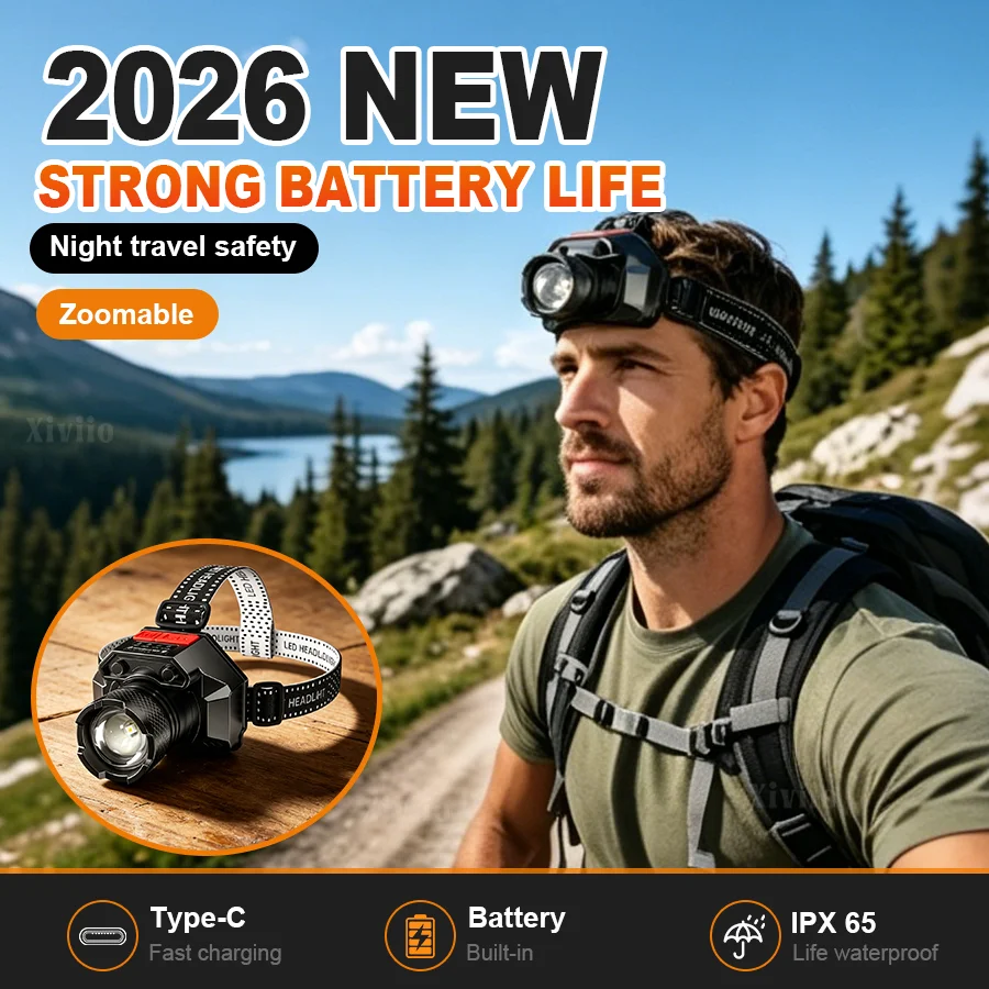 2026 NEW LED Headlamp USB Rechargeable Headlight 3 Modes Front Head Flashlights Zoom Head Torch Outdoor Fishing Camping Lantern