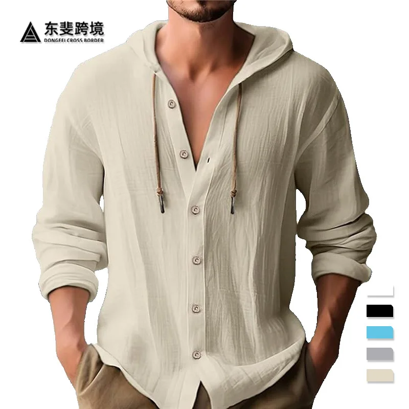 

European and American new spring and summer men's hooded T-shirts solid color cotton and linen men's casual long-sleeved tops