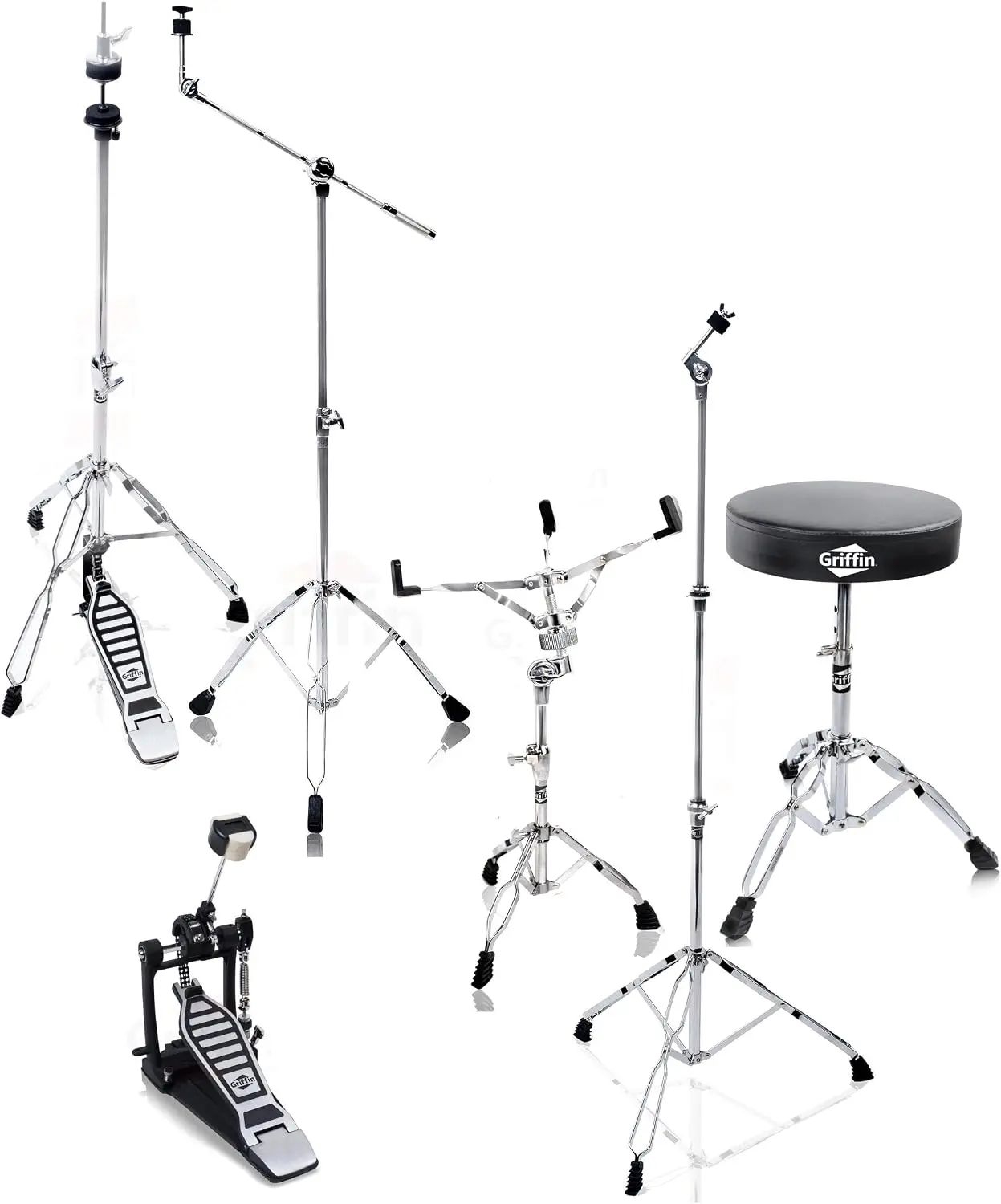 Drum Hardware Kit 6-Piece Full Stand Set with Snare Stand, Hi-Hat Stand, Cymbal Boom Stand, Kick Drum Pedal and Drum Throne for Live Gigs or Studio Use