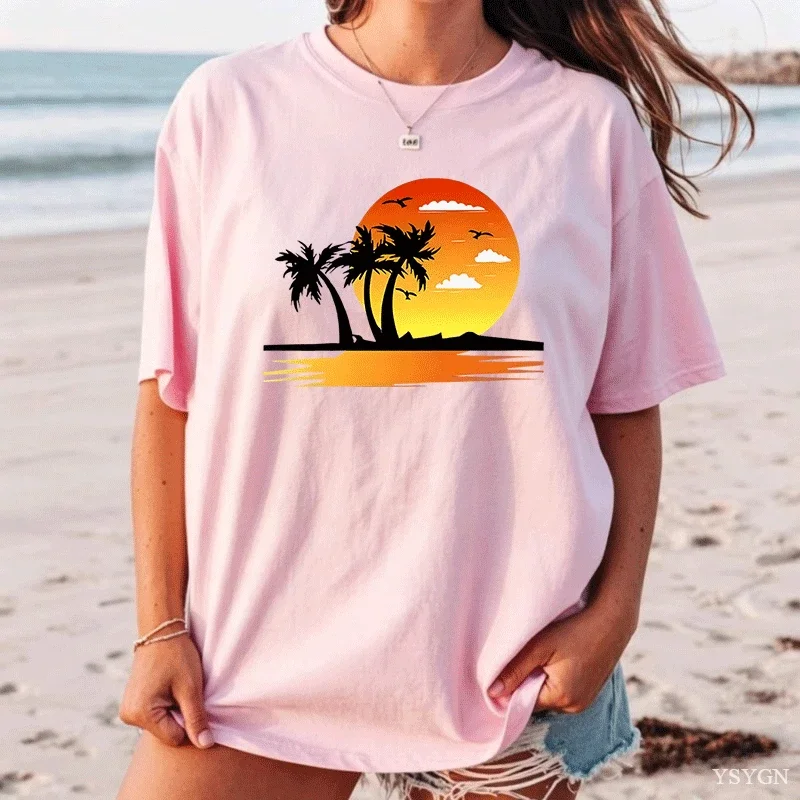 Womens Tropical Sunset Palm Tree Print T-Shirt Red Casual Short Sleeve Summer Top Short Sleeve Tee Free Shipping Cheap Clothes