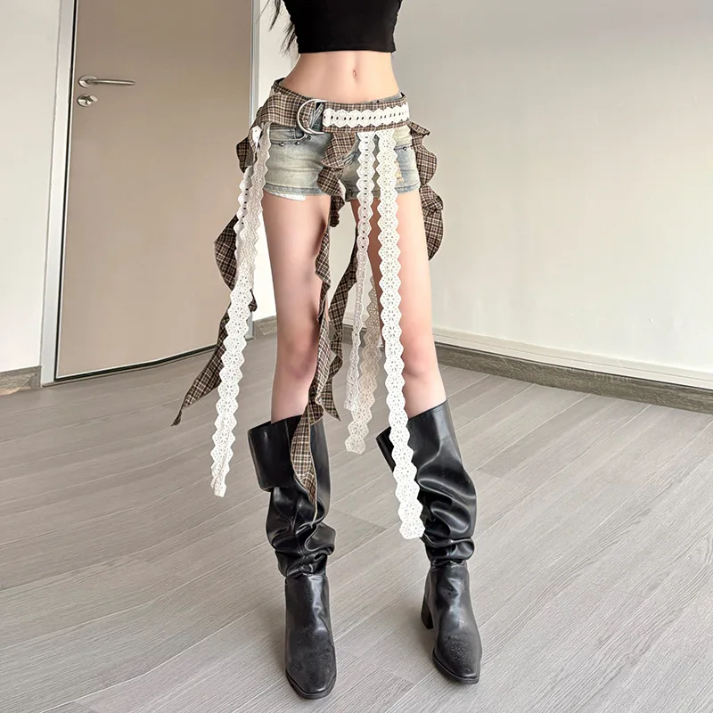 

Summer 2025 Women's Faionable Plaid Lace Waist Seal Versatile Bow Design Retro Waist Accory Polka Dot Print Skirt