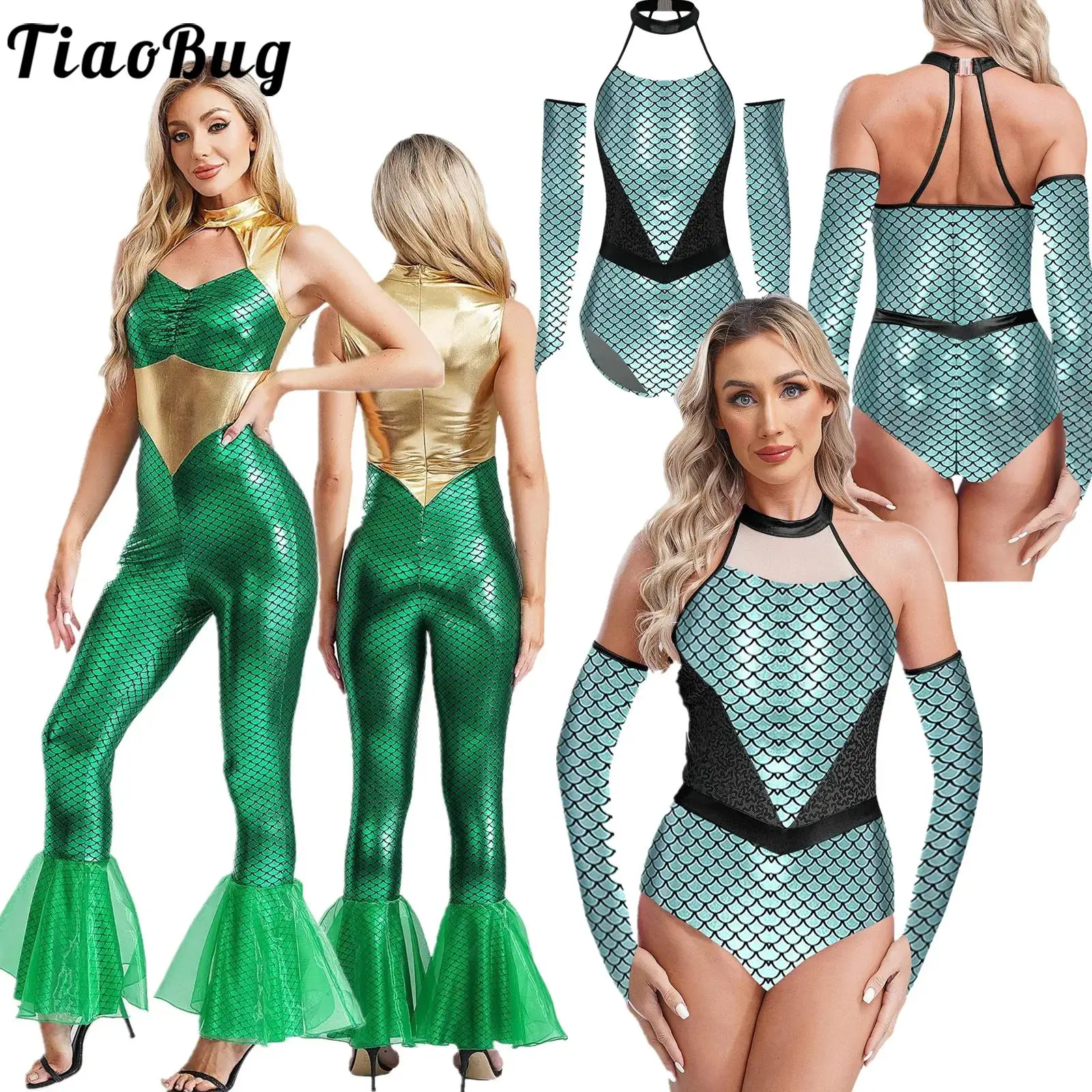 

Halloween Costumes Women Mermaid Fancy Dress Up Party Shiny Metallic Fish Scales Pattern Jumpsuit Mermaid Role Play Cosplay Gown