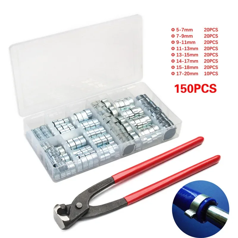 

150Pcs 5-20mm Hose Clamp Double Ears Clamp Worm Drive Fuel Water Hose Pipe Clamps Clips+1PC Plier