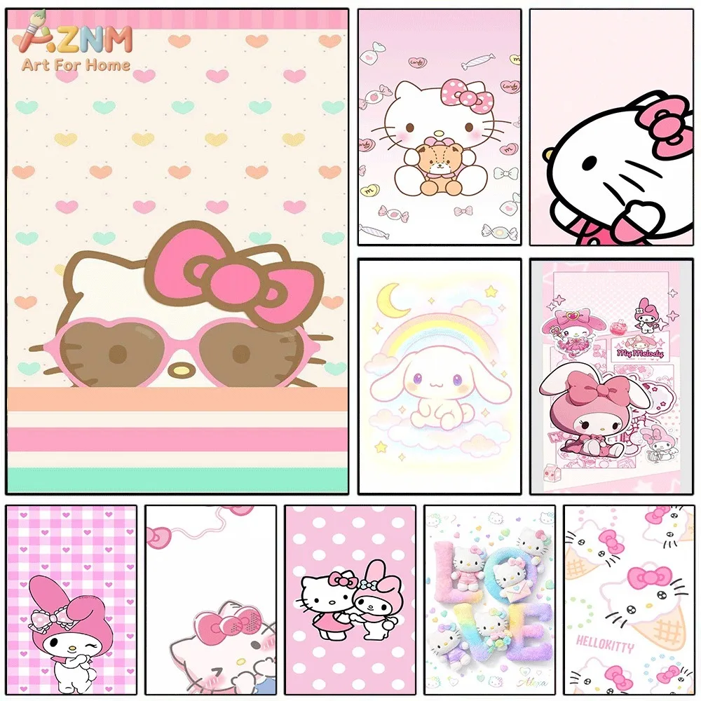 AZNM Hello Kitty Canvas Wall Art Cute Pink Heart Sunglasses Stripe Cartoon Poster Print Kawaii Girls Bedroom Decor Unframed Canv