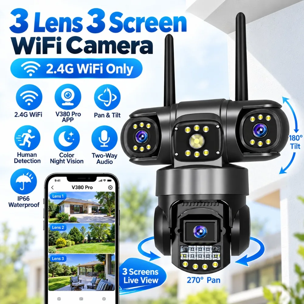 V380 15MP Outdoor Wifi Camera Three Lens Night Vision AI humanoid detection Waterproof PTZ Security Surveillance IP Cameras CCTV