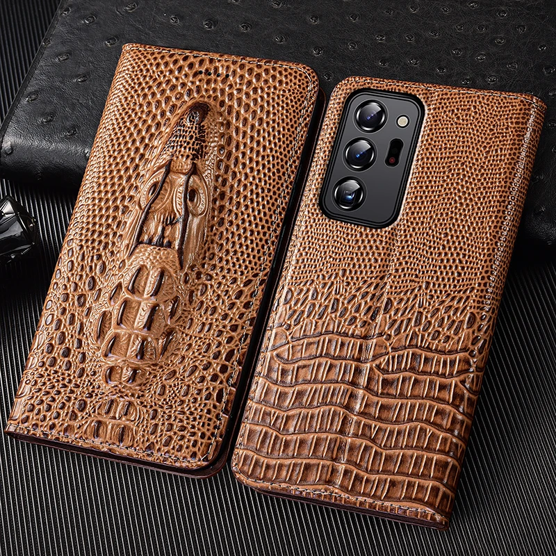 Crocodile Head Genuine Flip Leather Case For Samsung Galaxy Note 5 7 8 9 10+ 20 Plus Ultra Lite Phone Wallet Cover Cases
