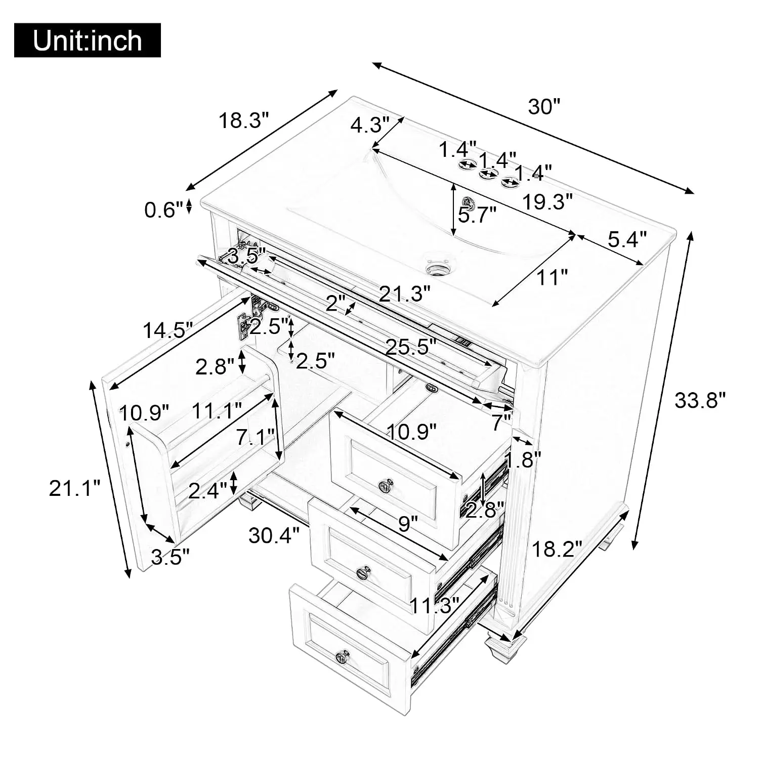 30 Inch Bathroom Vanity with Sink, Freestanding Bathroom Vanity with 4 Storage Drawers, Soft-Close Door &, Customized