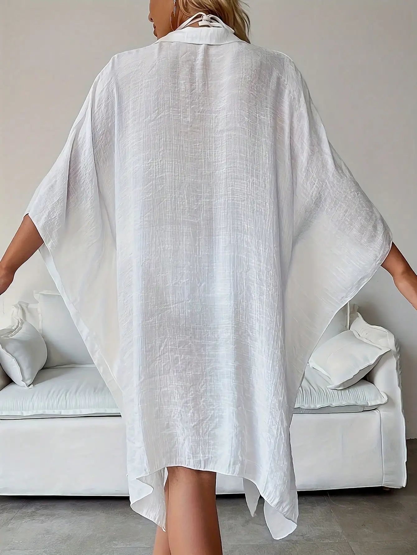 

Женское белое платье-рубашка с рукавами-крылышками, пляжная накидка, легкая летняя блузка