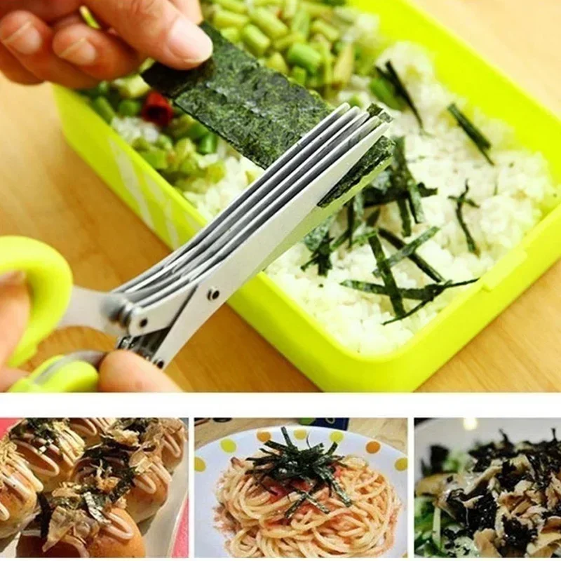 Multi-functional Stainless Steel 3 Layer Kitchen Scissors Pepper Shredded Chopped Scallion Cutter Laver Cut Cooking Tool