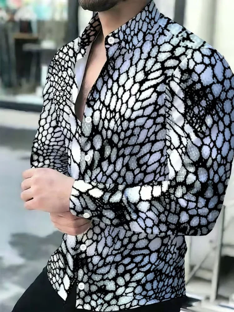 Men's long sleeved lapel shirt trendy black and white snake pattern crack full print fashionable daily commuting casual top