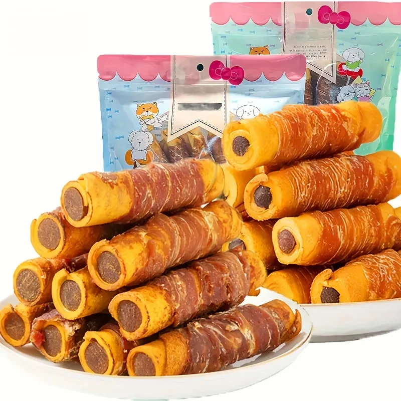 Palo de chocolate de piel de vaca envuelto en pollo de 150g/5,29 oz, bocadillos de carne para perros, hechos de carne de pollo y piel de ternera, relleno de carne