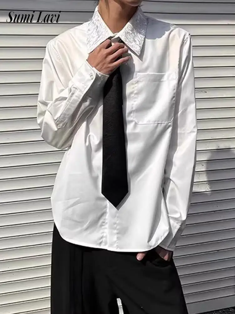 

Уличная одежда, винтажные мужские рубашки с длинным рукавом, весна 2026, стильная рубашка с отложным воротником и вышивкой, мужские повседневные однотонные рубашки