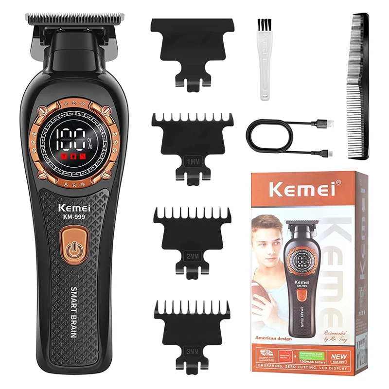 

Профессиональная машинка для стрижки волос KEMEI KM-999 для мужчин, беспроводной электрический триммер для бороды и волос с ЖК-дисплеем и 3 насадками-гребнями