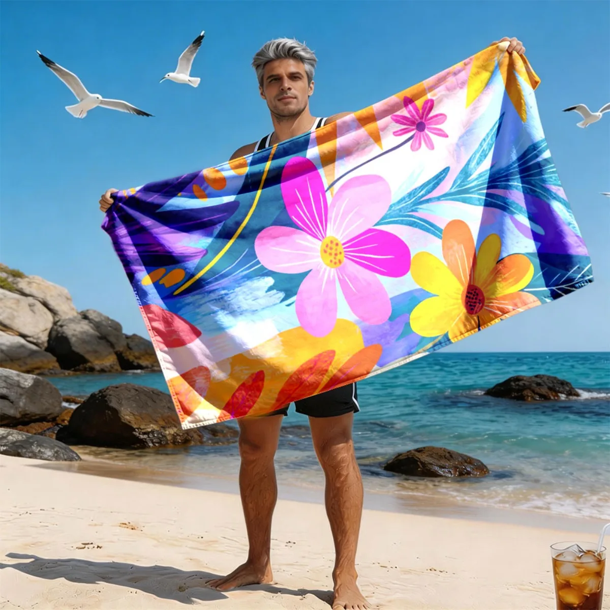 Tropical Macaron Gradient Flower Theme polyester microfiber beach towel highly absorbent suitable for swimming and beach outings 3