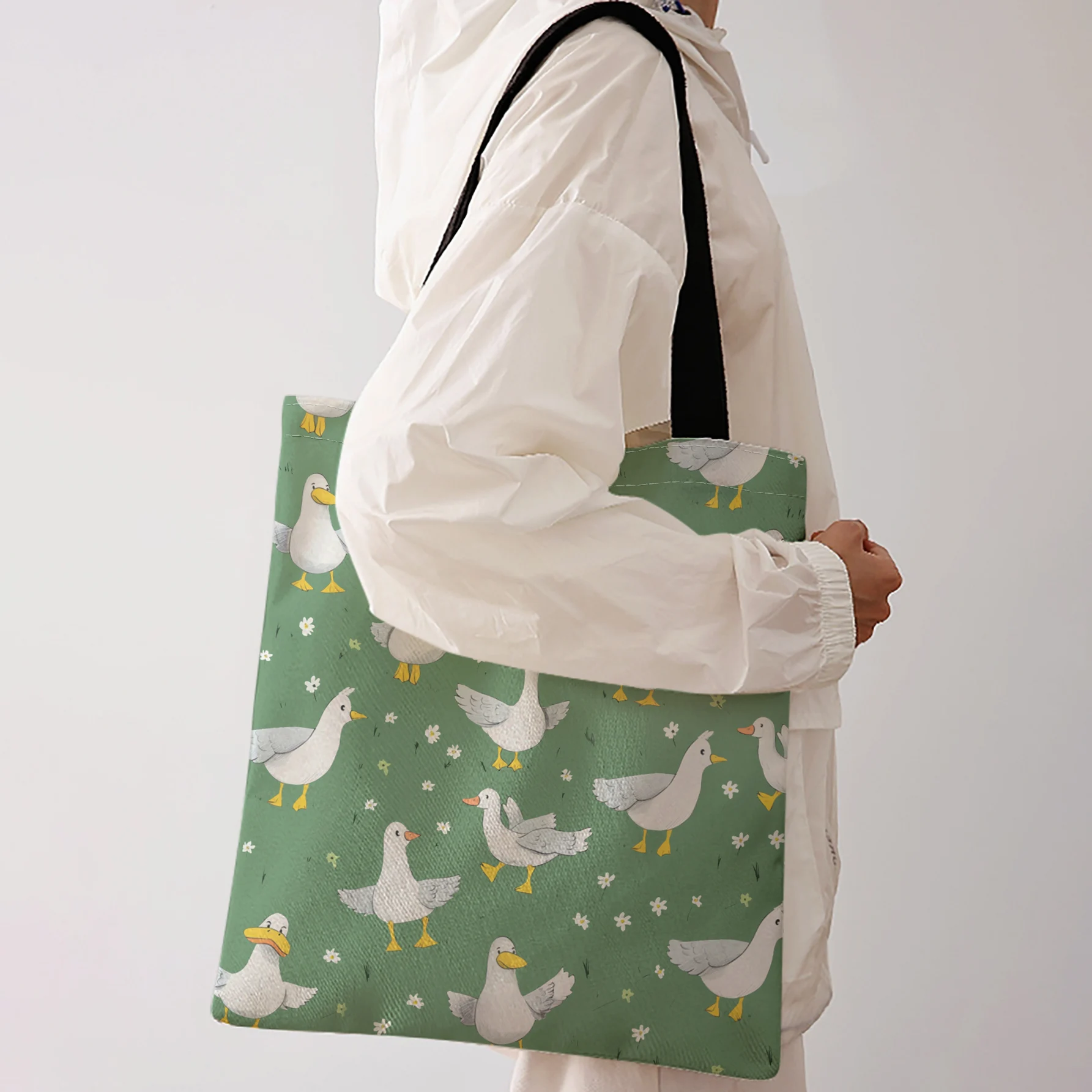 Cartoon White Duck And Tiny Daisy Floral Repeat Print Tote Bag Large Capacity Shoulder Bag For Shopping Travel Daily Use