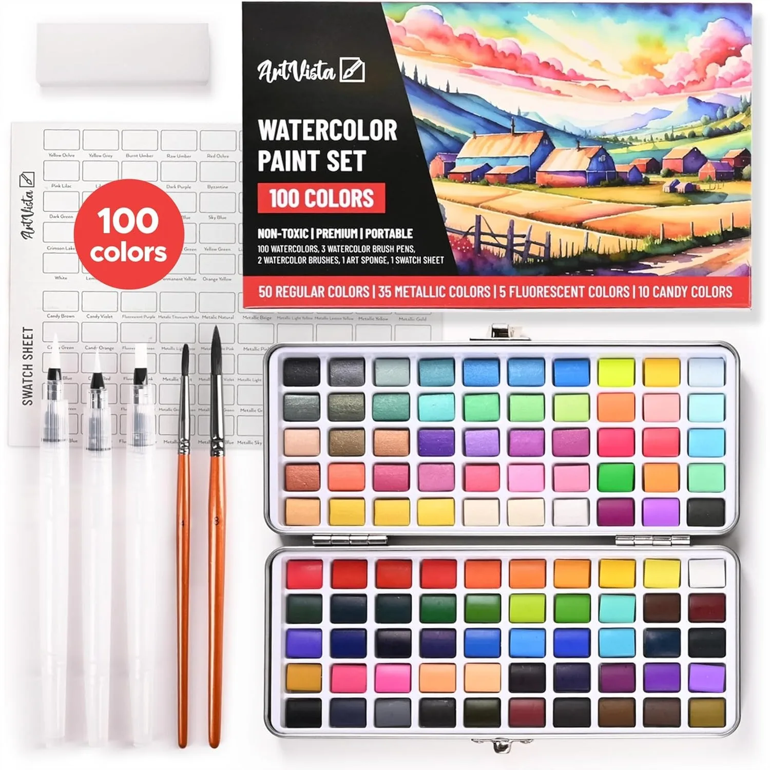 

Watercolor Paint Set with 100 Bright Colors for Adults Beginners and Professionals, Travel Sized Art Kit Palette