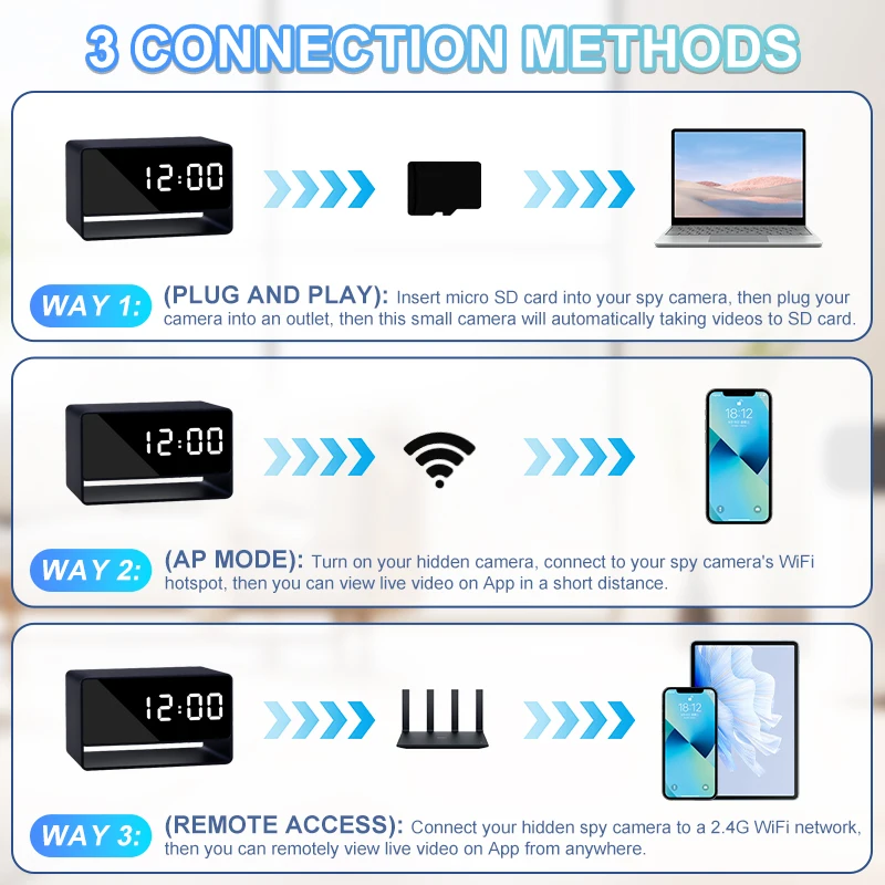 1080P Mini Camera Clock Wireless Clocks Cameras HD WiFi Surveillance Security Cam Night Vision 12/24 Hour Detection Alert