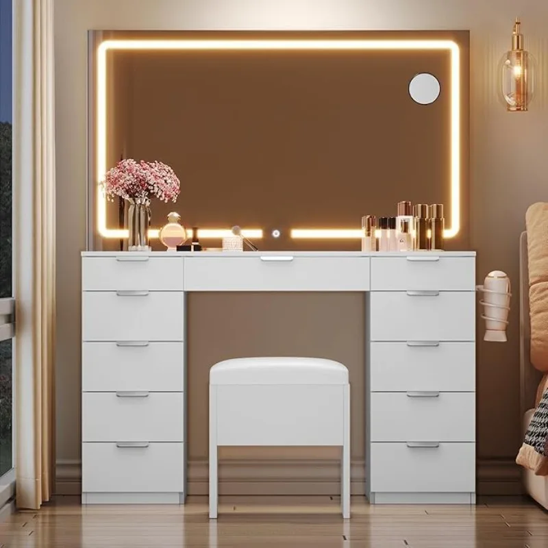 Makeup Desk with Led Illuminated Mirror and Lamp,11 Compartments and Magnifying Glass,with Power Outlet and Bedroom Seat Storage