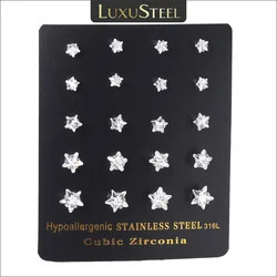 LUXUSTEEL-pendientes de acero inoxidable con forma de corazón para hombre y mujer, aretes de cristal con estrellas, circonita cúbica blanca, joyería para la oreja, 5 pares por lote