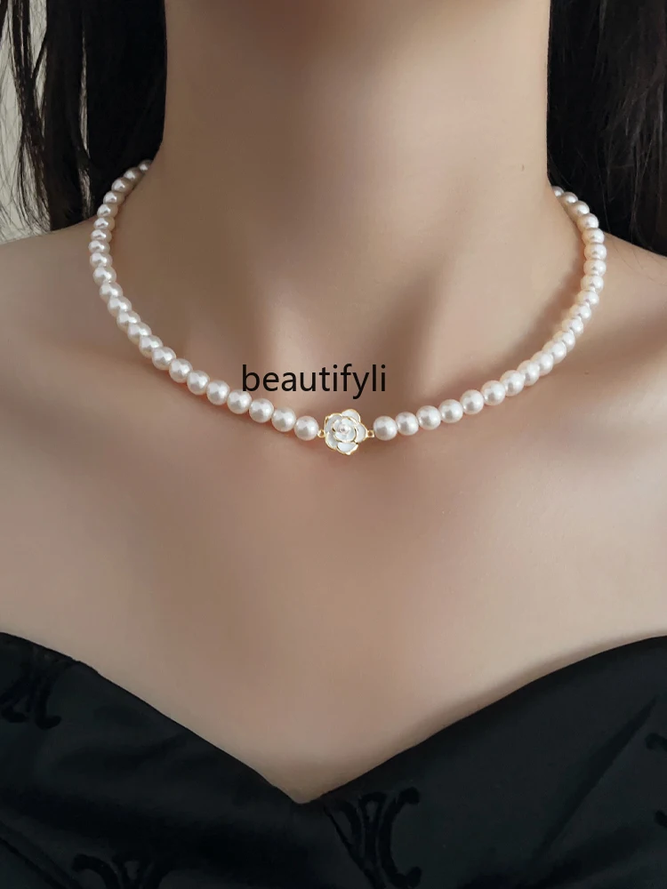 Light Luxury Camellia Pearl Necklace Women's Niche Design Sense Premium Clavicle Chain