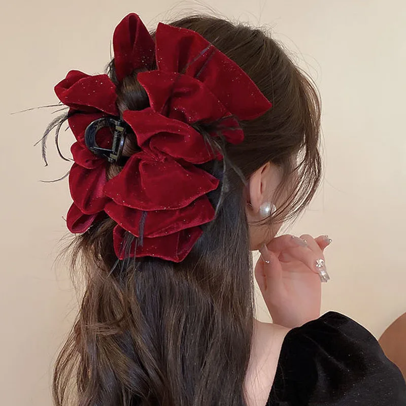 

Multi-layered Bow Large Hair Claw for Women Girls Princess Black Red Elegant Glitter Velvet Head Grab Headwear Hair Accessories