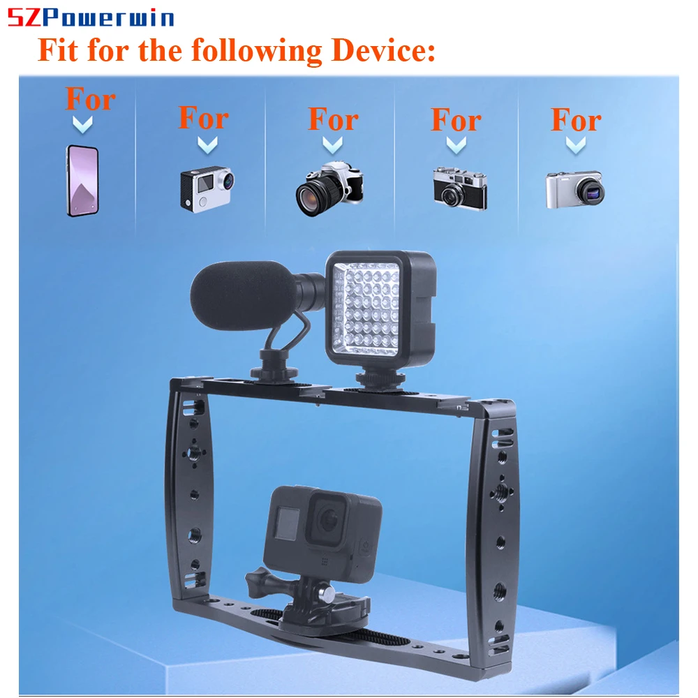 Powerwin CNC aluminio multifunción extensión marco jaula zapata fría para GoPro DSLR cámara SLR Vlog teléfono micrófono luz LED