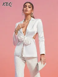 KBQ-Blazer blanc évidé pour femme, appliques patchwork, col cranté, manches longues, épissé, perles, dos nu, femme, nouveau