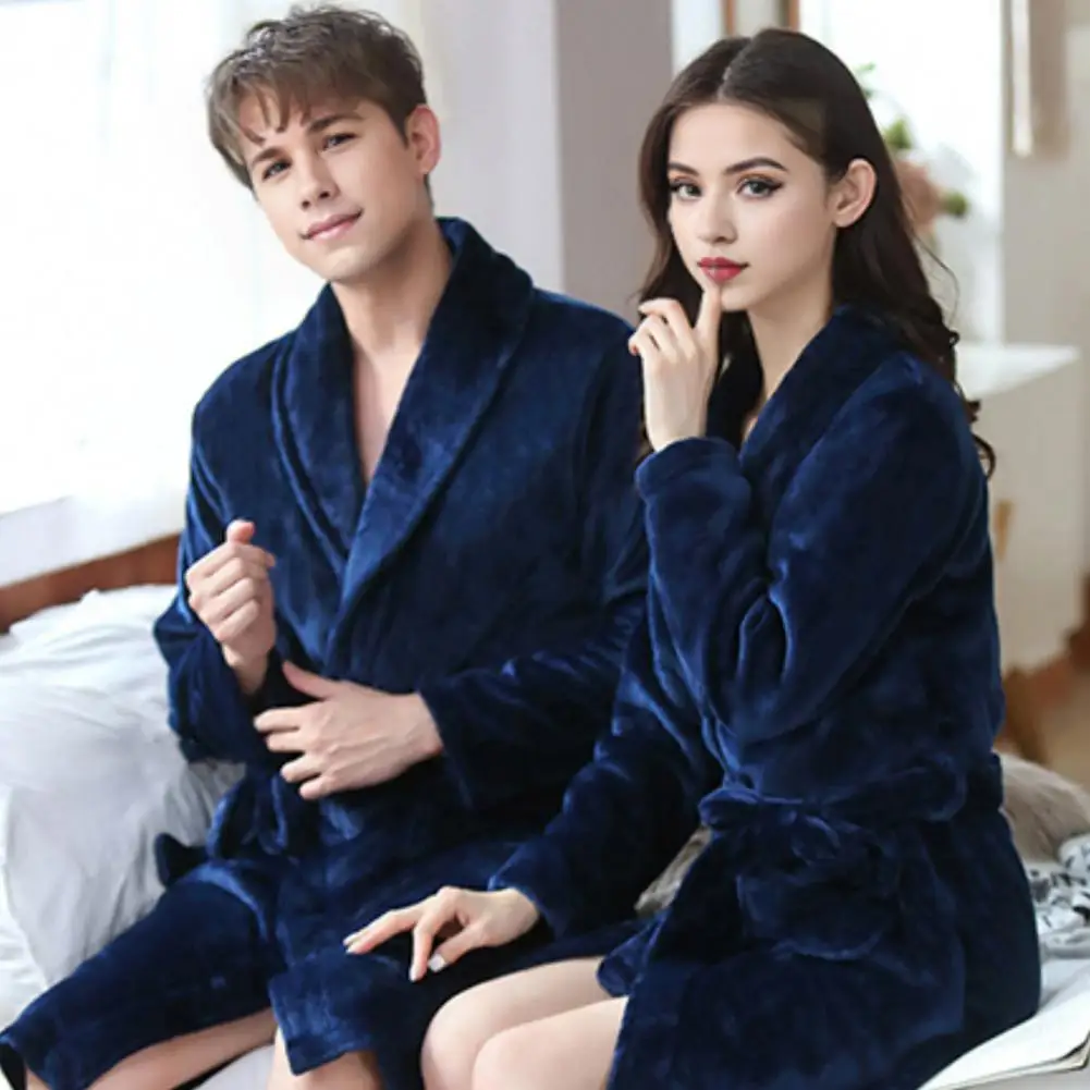 Lightweight Sleepwear Solid Color Pajamas Luxurious Coral Fleece Couple Nightgowns with Adjustable Lace Up Belt Warm for Winter