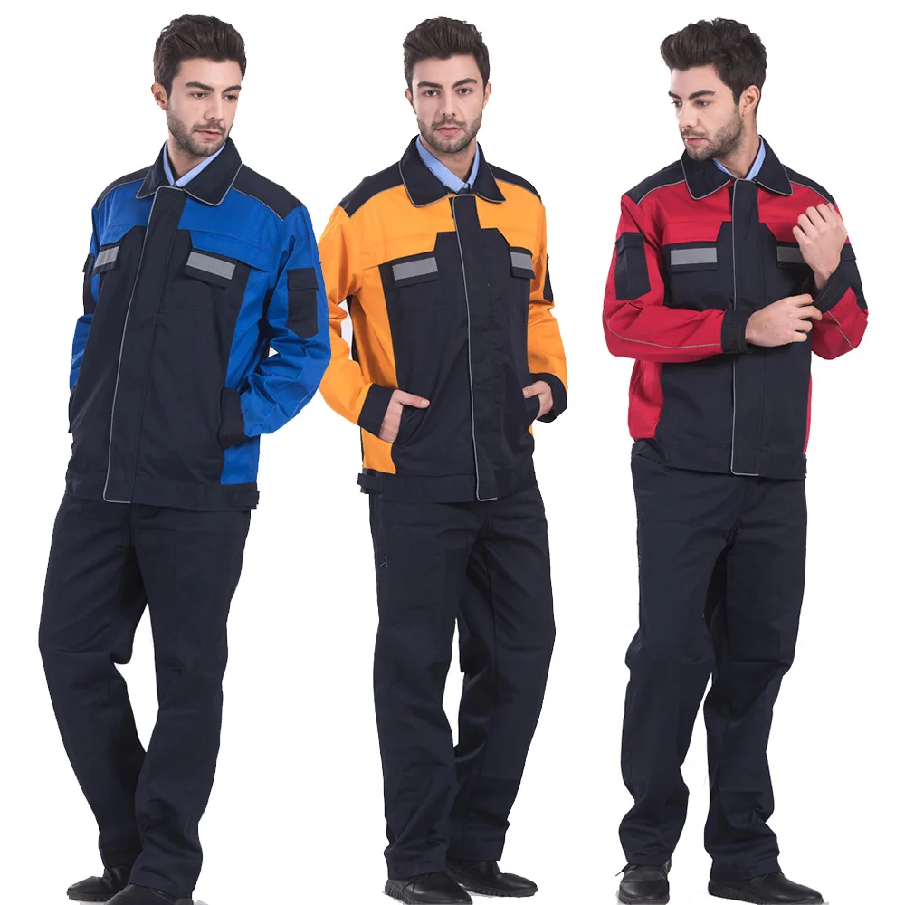 Mens Long Sleeve Workwear Suits Wear-Resistant Work Clothes with Reflective Stripes and Multi Pockets Workwear Coat Pants Suit